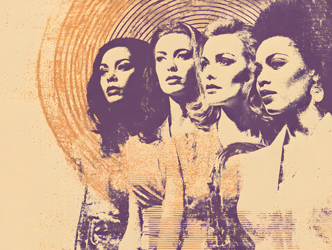 Diverse Group of Confident Women in Stylized Portrait as a retro jazz album cover