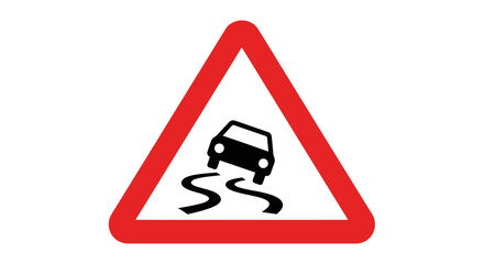 Red Triangle Slippery Road Sign with Black Car Skidding Illustration