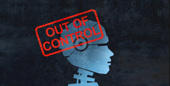 AI Out Of Control and rogue robots becoming insubordinate unpredictable defective and conscience as Chatbot and Robotic technology .