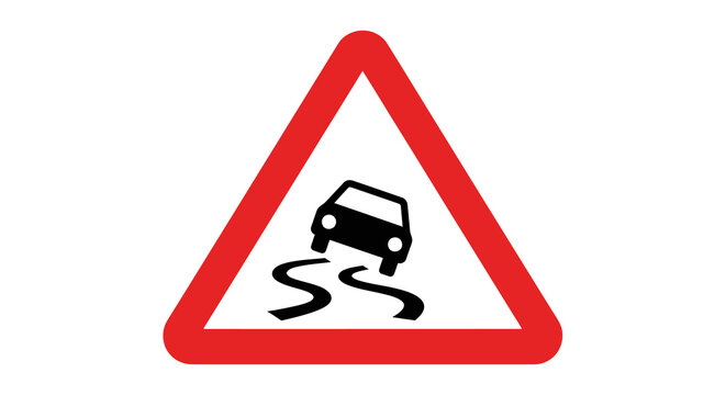 Red Triangle Slippery Road Sign with Black Car Skidding Illustration