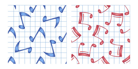 Hand drawn sketch style music seamless patterns set. Musical note on grid background. Back to School.