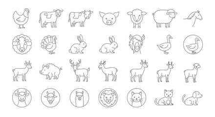 Vector Line Art Illustrations of Various Farm Animals and Wildlife