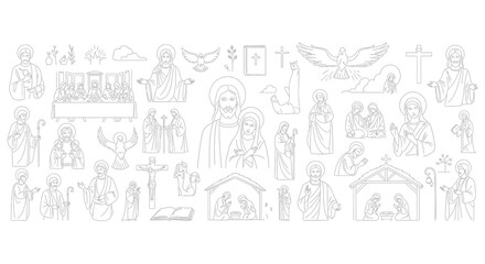 Christian Religious Figures and Symbols in Light Gray Outline
