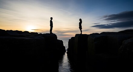 Two People Silhouetted Standing on Rocky Outcrops Facing Each Other Over the Ocean at Sunset