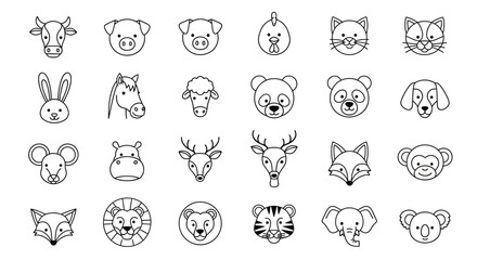 Collection of Simple Black and White Animal Head Outlines on White Background