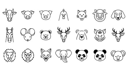 Collection of Twenty-Four Simple Line Art Animal Head Illustrations
