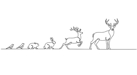 Continuous Line Drawing of Wildlife Evolution: Birds, Rabbits, and Deer