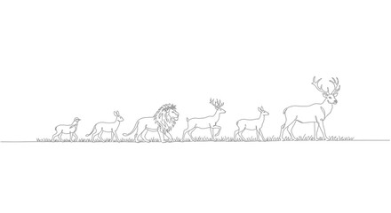 Line Art Animals Walking Across Grass, Minimalist Illustration, White Background.