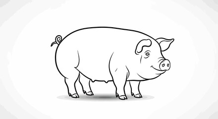 Line Art Illustration of a Happy Pig, Standing, Black and White