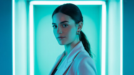 Confident Woman: An attractive woman in elegant jacket stands in front of blue neon lights and her beautiful face expresses confidence.