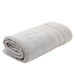 A single soft and fluffy gray bath towel neatly rolled up for display isolated on a transparent background png