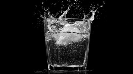 Ice cube splashing in a glass of water, against a dark black background. Perfect image for refreshing drinks, health, and pure hydration concepts.