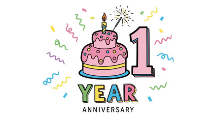 Colorful First Anniversary Celebration Design with Cake, Sparkler, and Confetti