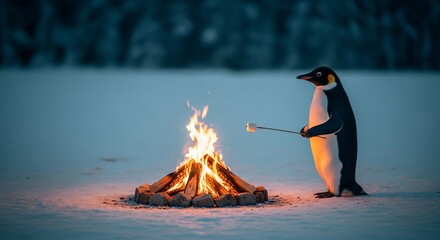 Emperor Penguin Roasting Marshmallow by Campfire in Snowy Wilderness