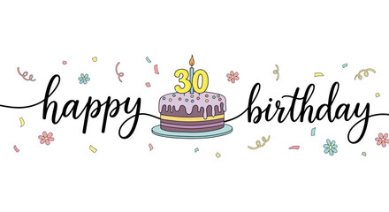 Colorful "Happy Birthday" Text with Cake and Confetti Illustration