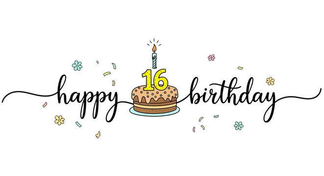 Colorful Hand-Drawn "Happy Birthday" Cake with Number 16 and Candle - Powered by Adobe