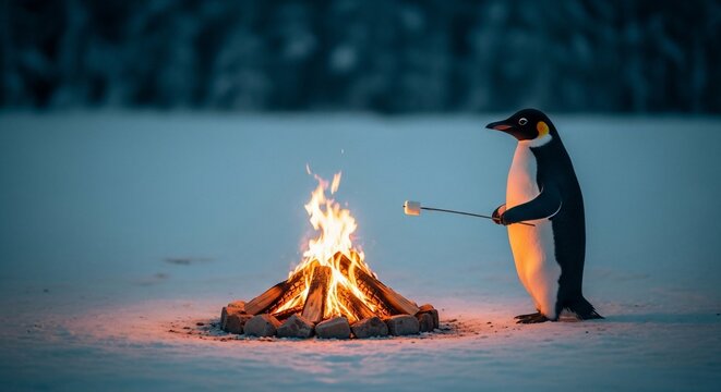 Emperor Penguin Roasting Marshmallow by Campfire in Snowy Wilderness