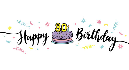 Happy 80th Birthday Celebration Banner with Purple Cake and Confetti