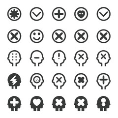 Collection of simplified head icon designs representing various emotions and symbols in a grid
