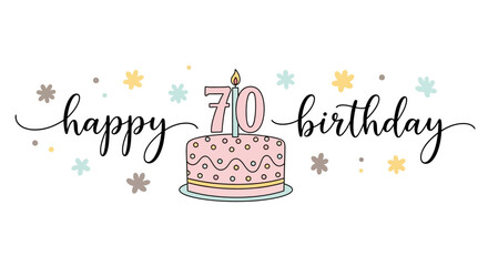 Illustrated 70th Birthday Cake with Candle and Decorative Floral Elements