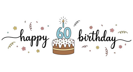 Illustrated 60th Birthday Cake with Candle and Decorative Elements