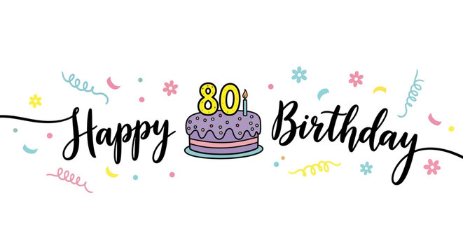 Happy 80th Birthday Celebration Banner with Purple Cake and Confetti