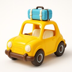 A yellow cartoon car with a suitcase isolated on white background