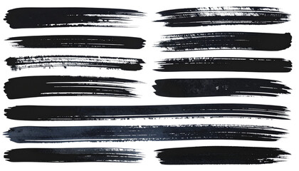 Set bundle abstract black ink paint brush stroke lines texture PNG transparent background