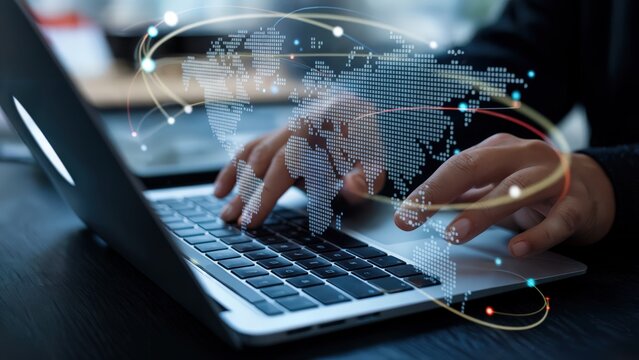 Global business connectivity depicted by a digital world map on a laptop