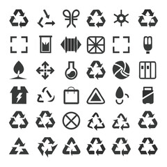 Collection of various recycling and eco-friendly symbols in minimalist black and white style