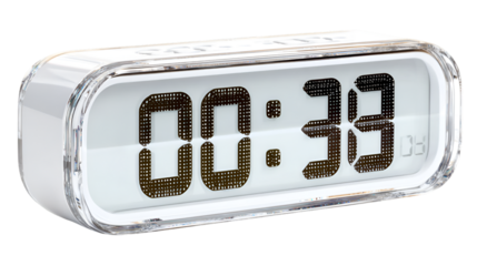 A close up shot of a white digital clock with a clear casing displaying the time as zero thirty three