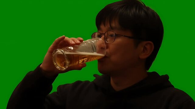 Man enjoys half a pint while seated in front of a green screen backdrop