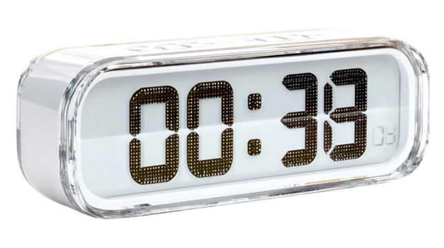 A close up shot of a white digital clock with a clear casing displaying the time as zero thirty three