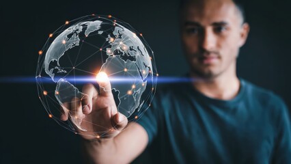 Man interacting with global technology, touching a holographic earth projection