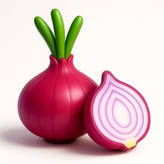 A whole and halved red onion are isolated on white background