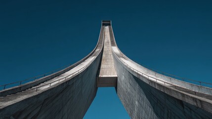 Low-angle view of a concrete ski jump against a clear blue sky