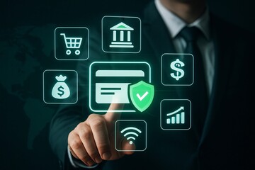 Businessman interacting with digital financial icons representing secure online transactions and global commerce