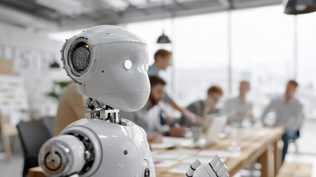A robot is standing in front of a group of people. The robot is white and has a human-like face. The people are sitting at a table with laptops and papers. Scene is serious and focused