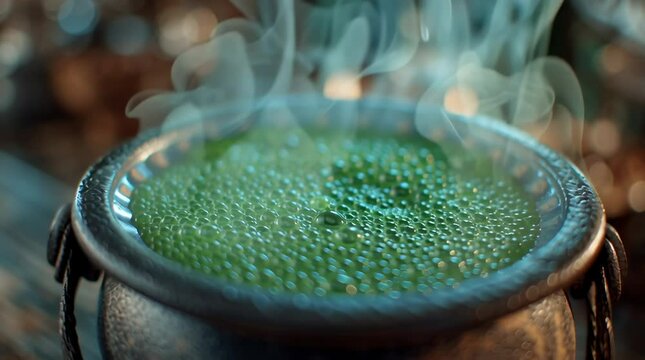 Close-up of a black cauldron filled with bubbling green potion and rising steam, suggesting a magical and spooky Halloween brew