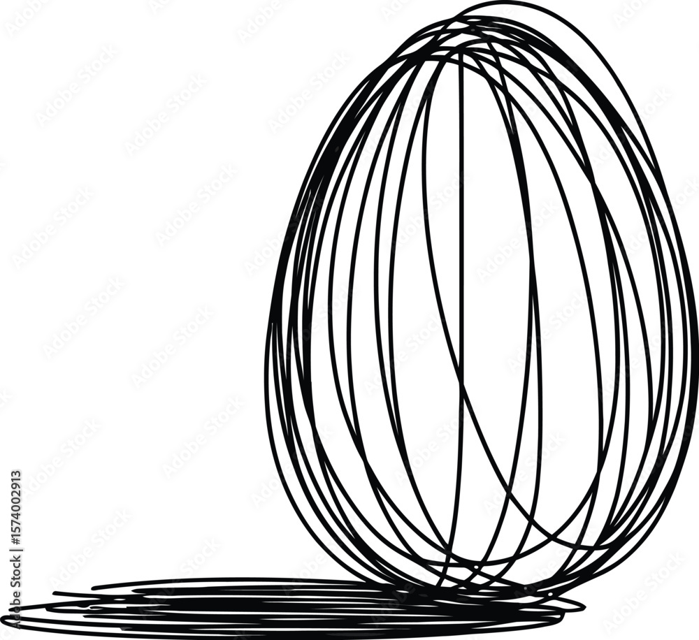 Poster a simple sketch of an egg shape made of overlapping lines with a shadow on a plain white background