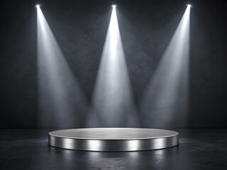 Empty silver stage podium illuminated by three bright spotlights in a dark room