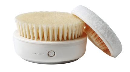 A white electric facial cleansing brush with soft bristles and a detachable brush head on black background