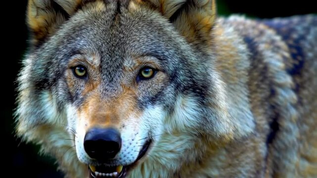 Close-up of wolf face with intense gaze and detailed fur texture