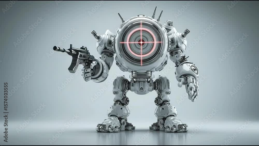 Poster robot holding a gun symbolizing precision and targeting in an advanced technological environment for