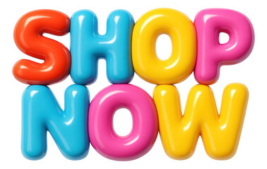 Bold 3D letters in glossy colors form a SHOP NOW promo sticker with vibrant retail appeal on transparent background.
