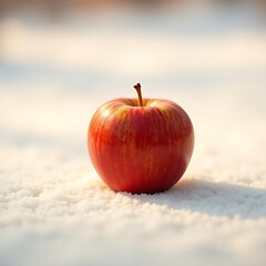Close-up of a vibrant red apple sitting on snow with soft, natural lighting.
