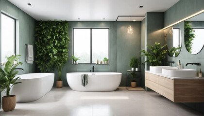 A tranquil bathroom featuring natural elements, light wood vanity and a modern, organic ambiance.