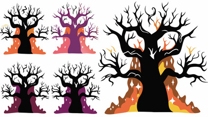 Fiery Halloween tree vector illustration with a cartoon deer silhouette, perfect for spooky autumn nature designs