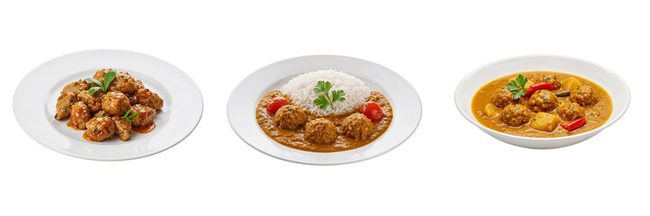 Three plates of meatballs with rice and curry sauce isolated on transparent background  