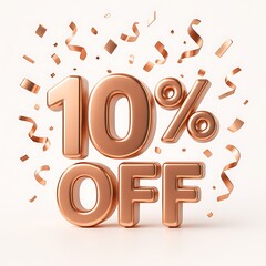 A shiny rose gold ten percent off sign with confetti isolated on white background